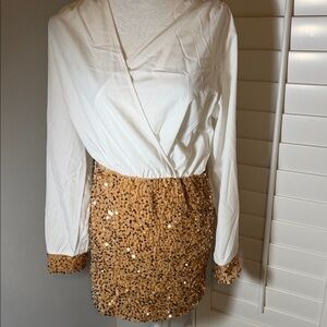 SHEIN NWOT large Elegant White and Gold Sequin Dress smoke and pet free home